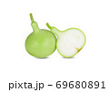 whole and half cut fresh green calabash on white background 69680891
