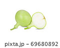 whole and half cut fresh green calabash on white background 69680892