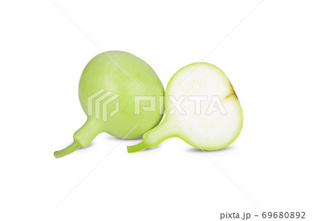 whole and half cut fresh green calabash on white background 69680892