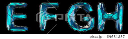Realistic 3D set of letters E, F, G, H made of low poly style. Collection symbols of low poly style blue color glass isolated on black background 3d 69681887