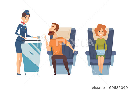 Board service. Stewardess with drink, lunch time. Airplane passengers chat with staff, happy flight vector illustration Board service. Stewardess with drink, lunch time. Airplane passengers chat with staff, happy flight vector illustration 69682099