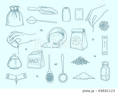 Salt collection. Ingredient for food hands with salt shaker kitchenware items for preparing food peppers vector hand drawn set 69682123