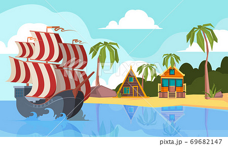 Pirate boat in ocean. Marine landscape with pirate vessel on waves near desert island vector cartoon background 69682147