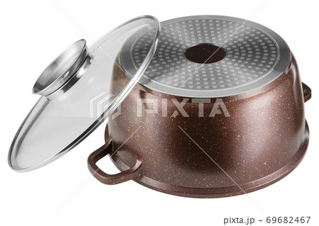 inverted marsala enamel saucepan, near glass lid, on white background 69682467