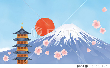 五重塔と富士山と桜と日の出のイラスト素材のイラスト素材