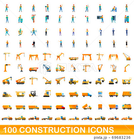 100 construction icons set, cartoon style 69683236