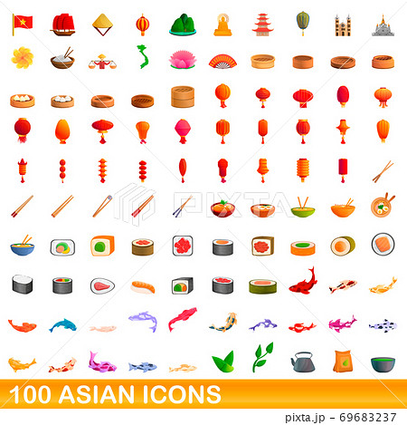 100 asian icons set, cartoon style 69683237