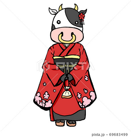 牛の女の子が着物を着て新年の挨拶をしているイラストのイラスト素材