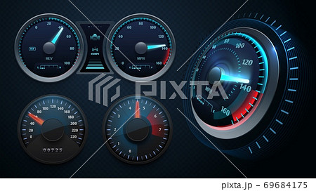 Realistic speedometer. Sport car dashboard, auto panel with arrows and speed measuring board vector set Realistic speedometer. Sport car dashboard, auto panel with arrows and speed measuring board vector set 69684175