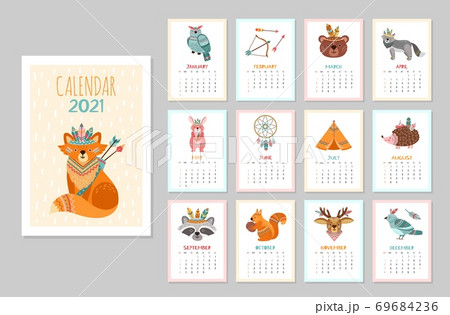 Cute animal calendar 2021. Kid animals, forest tribal wildlife posters. Monthly schedule arctic fox bear deer raccoon vector illustration 69684236