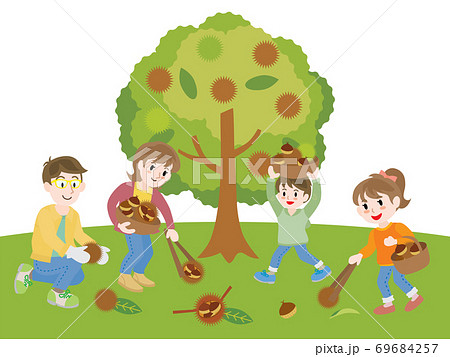 クリの木の周りで栗拾いをする4人家族のイラスト素材