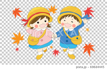 手をつないで笑顔で歩く制服を着た園児(紅葉の白背景) 手をつないで笑顔で歩く制服を着た園児(紅葉の白背景) 69684445