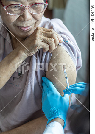 Vaccine shot for elderly people vaccination, medical immunization for aging woman or older patient, Vaccine shot for elderly people vaccination, medical immunization for aging woman or older patient, 69684459