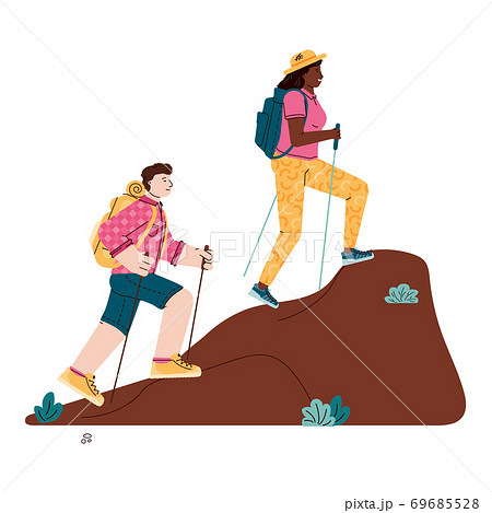 Hikers man and woman climb the hill, cartoon... - Stock Illustration  [69685528] - PIXTA