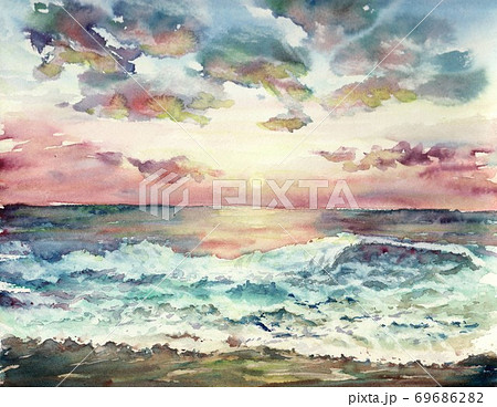 水彩画 夕暮れ 海岸 20200723のイラスト素材 [69686282] - PIXTA