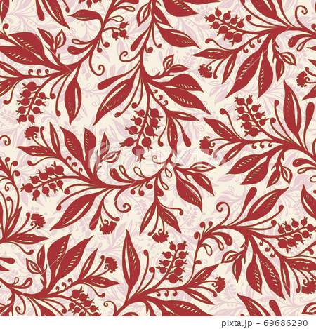 Floral seamless pattern with leaves and berries in wine red, pink and cream colors Floral seamless pattern with leaves and berries in wine red, pink and cream colors 69686290