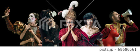 Collage on young people in medieval attire on dark background. Retro style, comparison of eras concept. 69686561