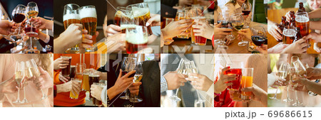 Collage of hands of young friends, colleagues during beer drinking, having fun, laughting and celebrating together. Collage, design Collage of hands of young friends, colleagues during beer drinking, having fun, laughting and celebrating together. Collage, design 69686615