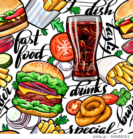 Seamless colorful pattern with fast food 69688301