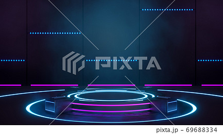 Futuristic sci-fi technology blank platform pedestal with blue and violet glowing neon lights for product presentation, 3d rendering 69688334