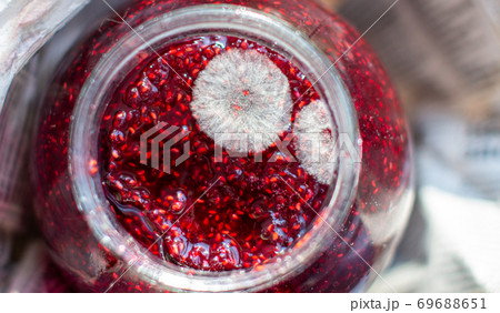 Mold in a jar of raspberry jam. Hazardous to health.  69688651