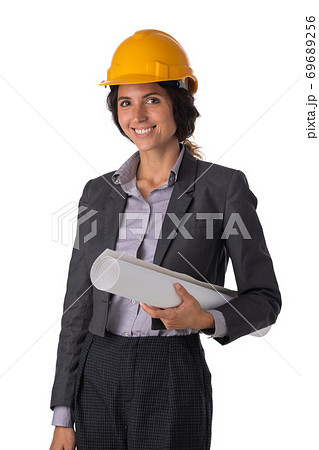 Architect in hardhat with blueprints Architect in hardhat with blueprints 69689256