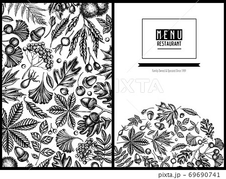 Menu cover design with black and white fern, dog rose, rowan, ginkgo, maple, oak, horse chestnut 69690741