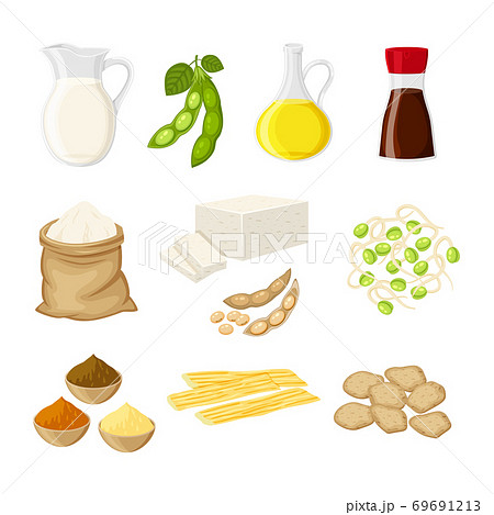 Set of different soy product in a flat cartoon style milk, oil, soy sauce, flour, tofu, miso, meat, tofu skin, sprouts vector Set of different soy product in a flat cartoon style milk, oil, soy sauce, flour, tofu, miso, meat, tofu skin, sprouts vector 69691213
