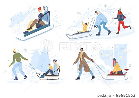 Happy people sledding have winter fun outdoor set 69691952