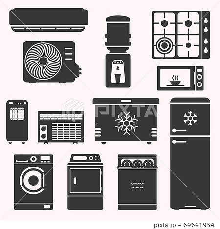Major home appliences set, such as stove, fridge, freezer, water cooler, microwave, air conditioning, dish washer, dryer, washing machine. Domestic equipment. White goods vector illustration. Major home appliences set, such as stove, fridge, freezer, water cooler, microwave, air conditioning, dish washer, dryer, washing machine. Domestic equipment. White goods vector illustration. 69691954