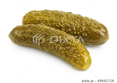 Marinated pickled cucumber isolated on white background with clipping path and full depth of field Marinated pickled cucumber isolated on white background with clipping path and full depth of field 69692716