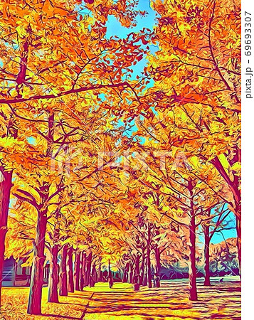 秋の背景素材 イチョウ並木のイラスト素材