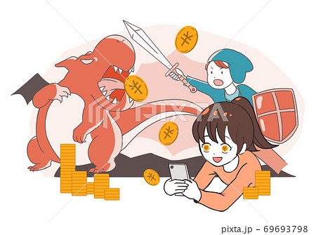 スマホゲームで課金をする女の子 目がお金 Rpg系のイラスト素材