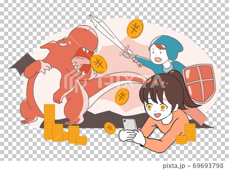 スマホゲームで課金をする女の子 目がお金 Rpg系のイラスト素材