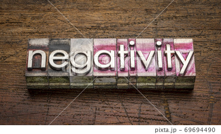 negativity word abstract in gritty vintage letterpress metal typ 69694490