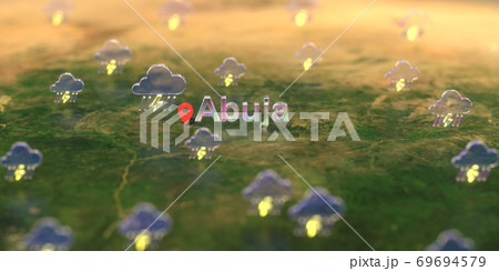 Abuja city and stormy weather icon on the map, weather forecast related 3D rendering Abuja city and stormy weather icon on the map, weather forecast related 3D rendering 69694579