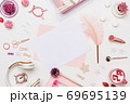 Flat lay desk composition in pastel pink tone 69695139