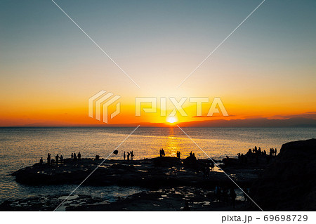 Sunset of Enoshima island Chigogafuchi Marine Plateau sea in kanagawa, Japan 69698729