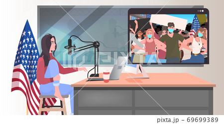 woman using laptop watching online video people in masks holding usa flags labor day celebration woman using laptop watching online video people in masks holding usa flags labor day celebration 69699389