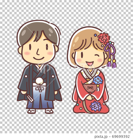 和装での結婚式のカップルのイラスト（色打掛と袴）のイラスト素材