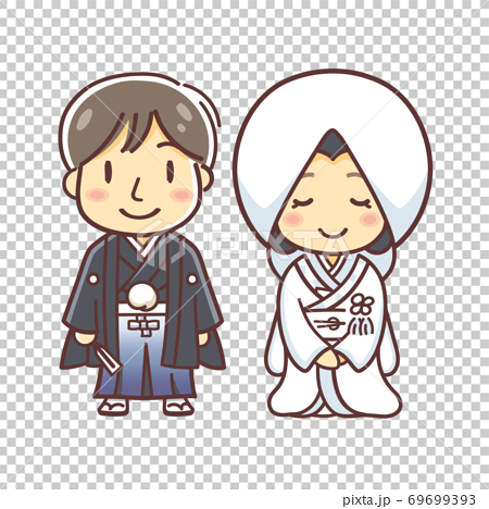 和装での結婚式のカップルのイラスト 白無垢と袴 のイラスト素材