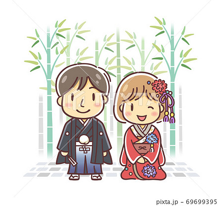 竹林を背景にした着物の男女のイラスト 色打掛と袴 ウエディング 和風イメージ のイラスト素材