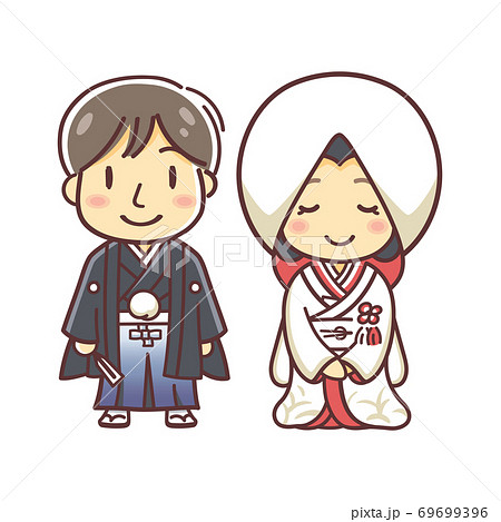 和装での結婚式のカップルのイラスト 白無垢赤ふきと袴 のイラスト素材