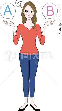 Aとbを比較して悩む女性のイラストのイラスト素材