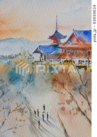 京都 清水寺 水彩画風景画のイラスト素材