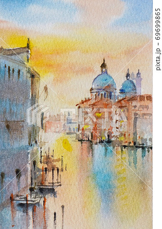 ヨーロッパの街ヴェネツィアの水彩画風景画のイラスト素材