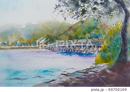 京都 渡月橋 水彩画風景画のイラスト素材