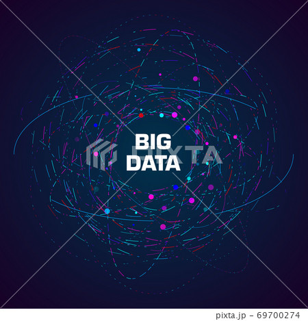 Big data visualization. An abstract circular cluster of points revolving around the center. Radial congestion of dots with copy space in the center. Design for science, technology. 69700274