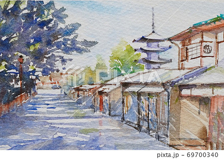 京都 町並み 水彩画風景画のイラスト素材