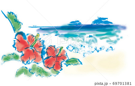 手描きイラスト素材 旅行 南の海 ハワイ 南国 海 風景 ハイビスカスのイラスト素材